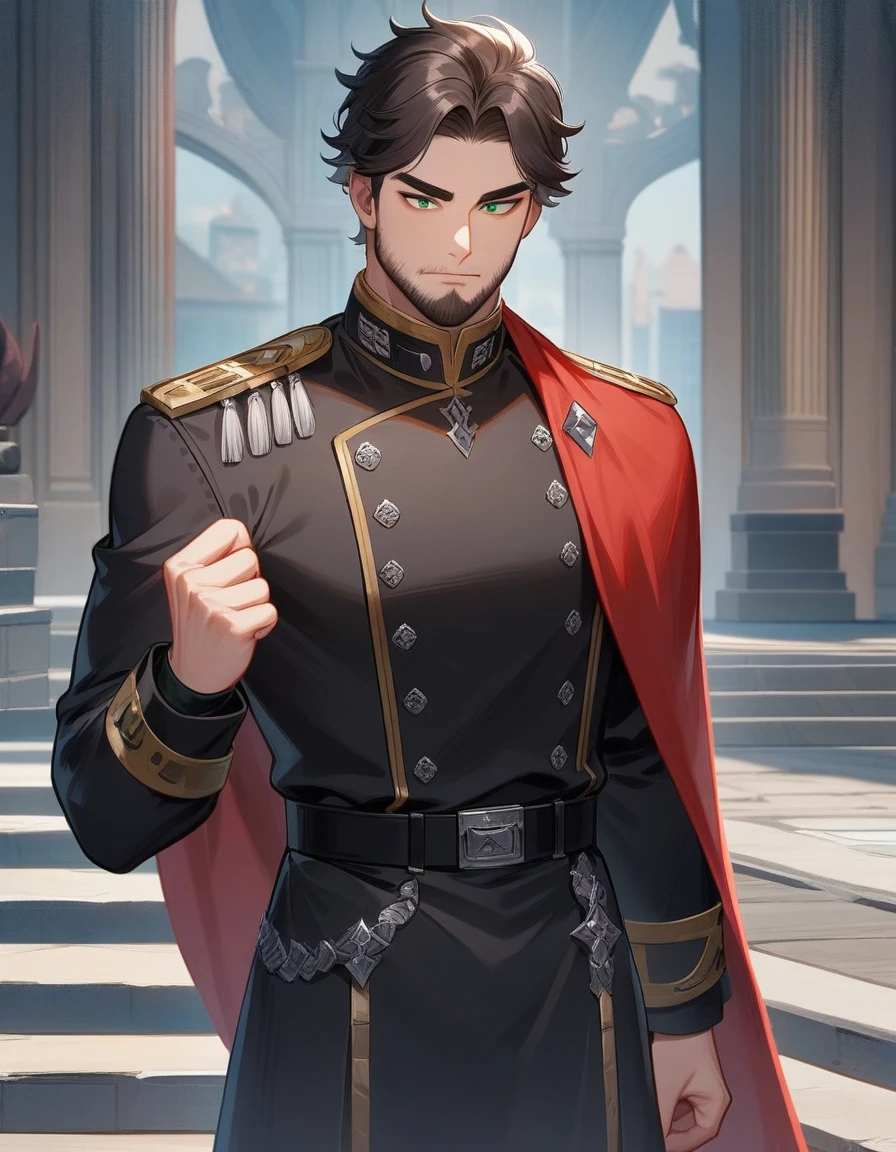 1man, derpixon, fandeltales, parted bangs, short gray hair, silver colored tips two-tone hair, multicolored dark brown hair, solo, thick eyebrow, masculine handsome prince, beard, green eyes, black pupils, lens eye, dark-blue military uniform, red cape, standing, in cartoon style, masterpiece, best quality