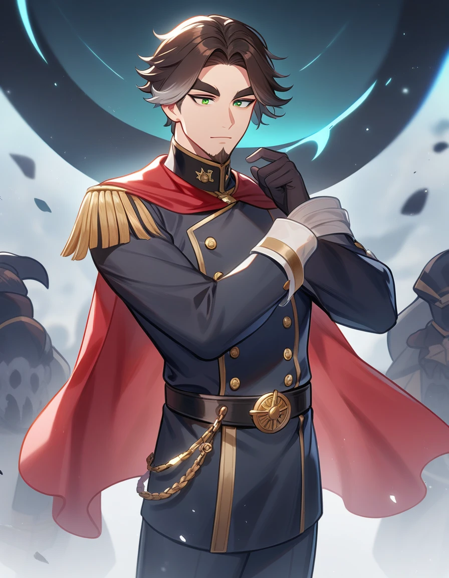 1man, derpixon, fandeltales, parted bangs, short gray hair, silver colored tips two-tone hair, multicolored dark brown hair, solo, thick eyebrow, masculine handsome prince, beard, green eyes, black pupils, lens eye, dark-blue military uniform, red cape, standing, in cartoon style, masterpiece, best quality