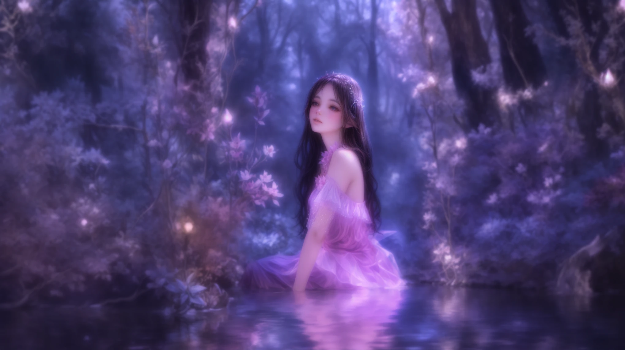 there is a woman in a pink dress sitting in a body of water, lost in a dreamy fairy landscape, ethereal fantasy, ethereal beauty, ethereal fairytale, luthien, beautiful fantasy art, fairy aesthetics, very magical and dreamy, fantasy digital art, fantasy beautiful, brunette fairy woman, fairy atmosphere, digital art fantasy, in a magical forest, ethereal and dreamy