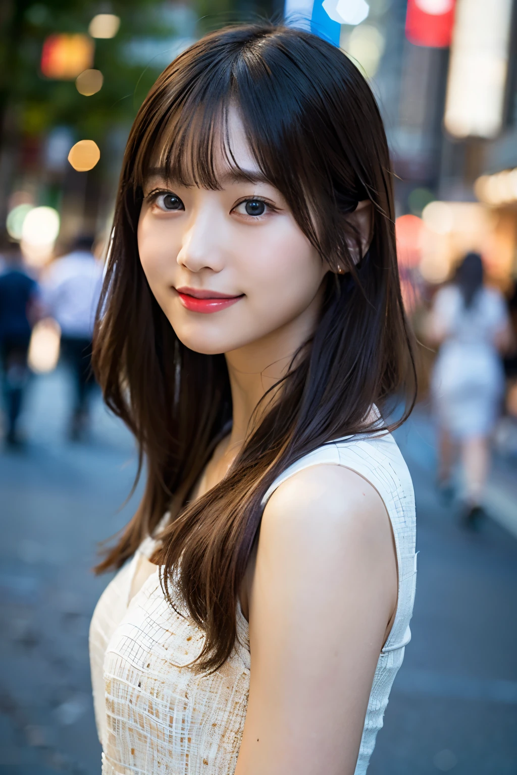 (8k、Raw photo、highest quality、masterpiece:1.2)、(Realistic、Photorealistic:1.37)、Ultra-detailed、超A high resolution、1 girl、Seeing the viewer、Beautifully detailed face、Bright smile、summer、White Dress、Beautifully detailed skin、Skin Texture、Floated hair、Professional Lighting、Shopping street scene、High resolution photos、camera　Sony a7C、FE 35mm f1 Key.4 GM、focal distance　35mm、Shutter speed　1/50、Aperture　F1.4、.ISO　100