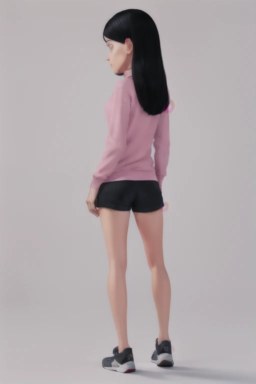 xyzviolet, looking at viewer, beautiful, masterpiece, long hair, black hair, pink sweater, shorts, closeup, portrait, back view, sneakers