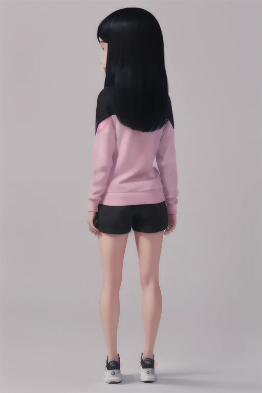 xyzviolet, looking at viewer, beautiful, masterpiece, long hair, black hair, pink sweater, shorts, closeup, portrait, back view, sneakers