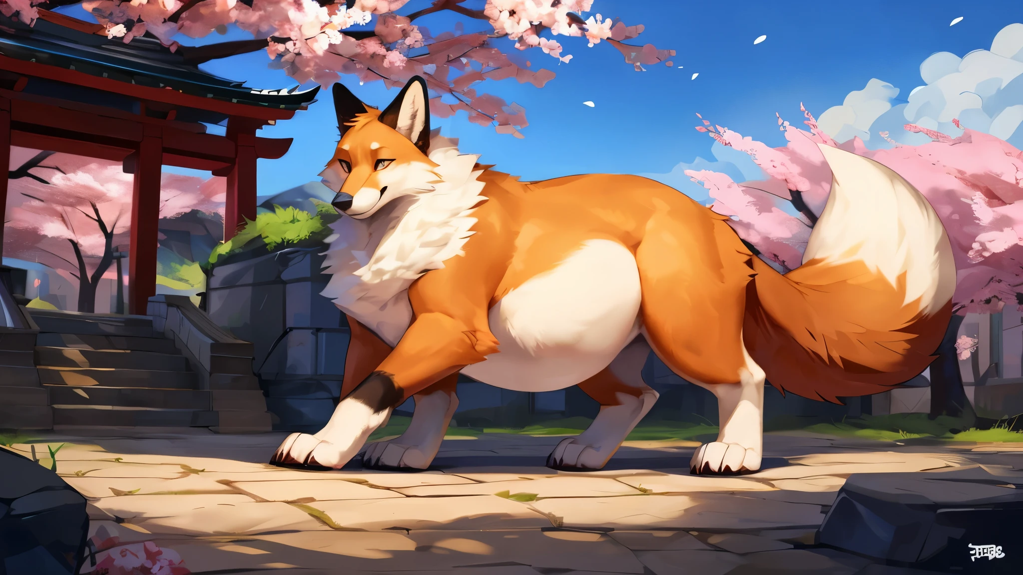 4k ultra quality, 4k full body view,(ultra high detailed body),((feral)) fox,by mystikfox61, by glitter trap boy,feral paws, by bebebebebe,by morethreedee, by seibear,(thick thigh),(chubby thigh),thicc thigh,thick legs,chubby legs,thicc legs,massive butt,enomorous thigh,massive thigh,massive legs,thick lower legs,wide legs,(detailed thigh),(wide thigh),fluffy belly sharp nails,((sfw)),(ultra detailed face),detailed eyes,big tail,fluffy tail,(detailed tail),enomorous tail,bigger tail,huge tail,volumetric light,big paws,(thick paws),fluffy paws,furry paws,enomorous paws,(feral focus), beast,(bigger lower body),(long legs),front view,master works, super fine, 4k resolution, high quality,high picture detail,dark fantasy,illusory engine, Masterpiece,dire fox,faint lighting,shrine,sakura,(feral) belly,charming (feral) body,chubby (feral) body,enomorous belly,hyper belly