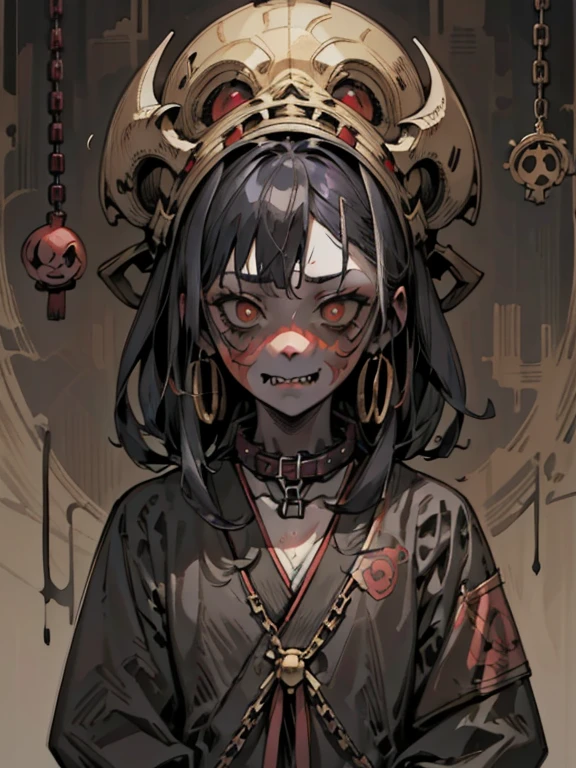 (masterpiece: 1.2, highest quality),((Sunburned skin))、 nightmare, Doll-like face, Horror elements 、Unique atmosphere、Colorful devil clown, Japanese painting, Creepy Appearance, Characteristic hairstyle,（Colorful hair colors）、Collar with chain、National costume
