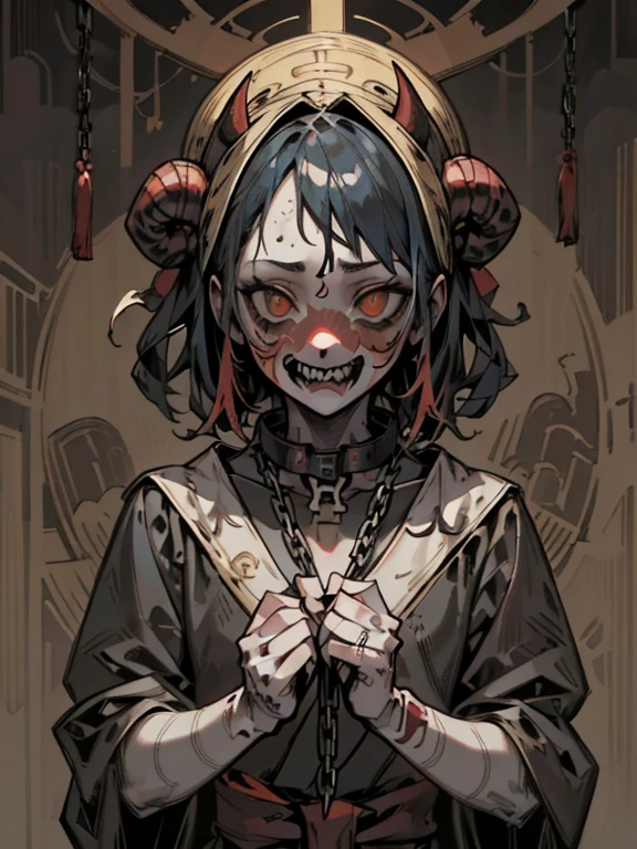 (masterpiece: 1.2, highest quality),((Sunburned skin))、 nightmare, Doll-like face, Horror elements 、Unique atmosphere、Colorful devil clown, Japanese painting, Creepy Appearance, Characteristic hairstyle,（Colorful hair colors）、Collar with chain、National costume
