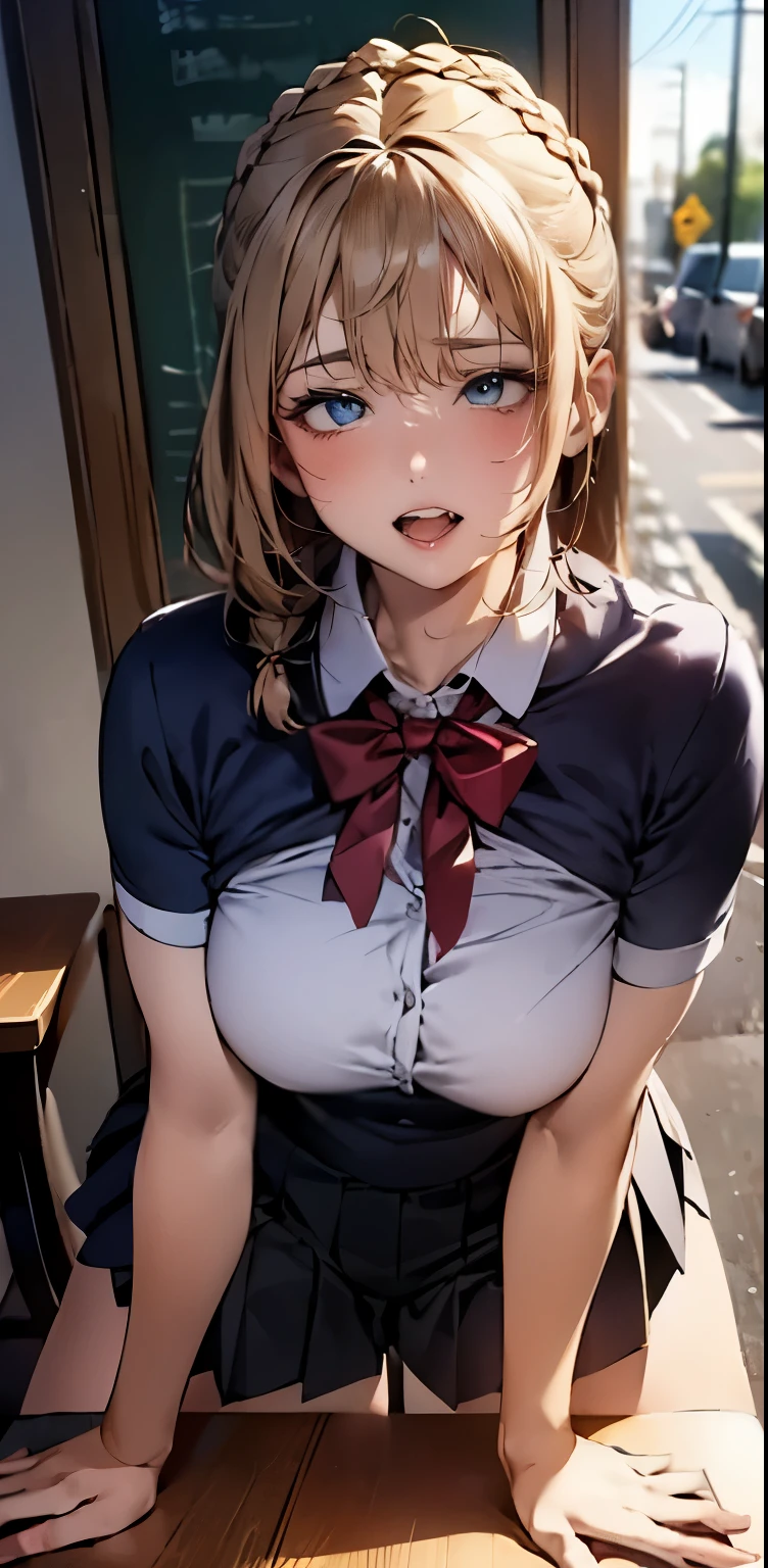 (depicting a single moment from a anime for adults), ((pubic hair, clitoris, braid, glasses, pleated skirt, ribbon, round face, eyes with realistic sizing, drooping eyes, blush, shame smile, thin lips, spread legs)), (((standing and straddling to hit her crotch against the corner of the table for self pleasure))), open mouth, (outside, on the sidewalk, terrace table),