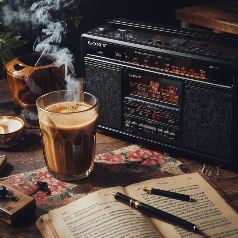 a Sony brand radio, black, on a wooden table with a floral patterned tablecloth, in front of it is a glass of hot coffee with smoke, there is a cigarette in the ashtray, there is a novel.  90s atmosphere, realistic photos