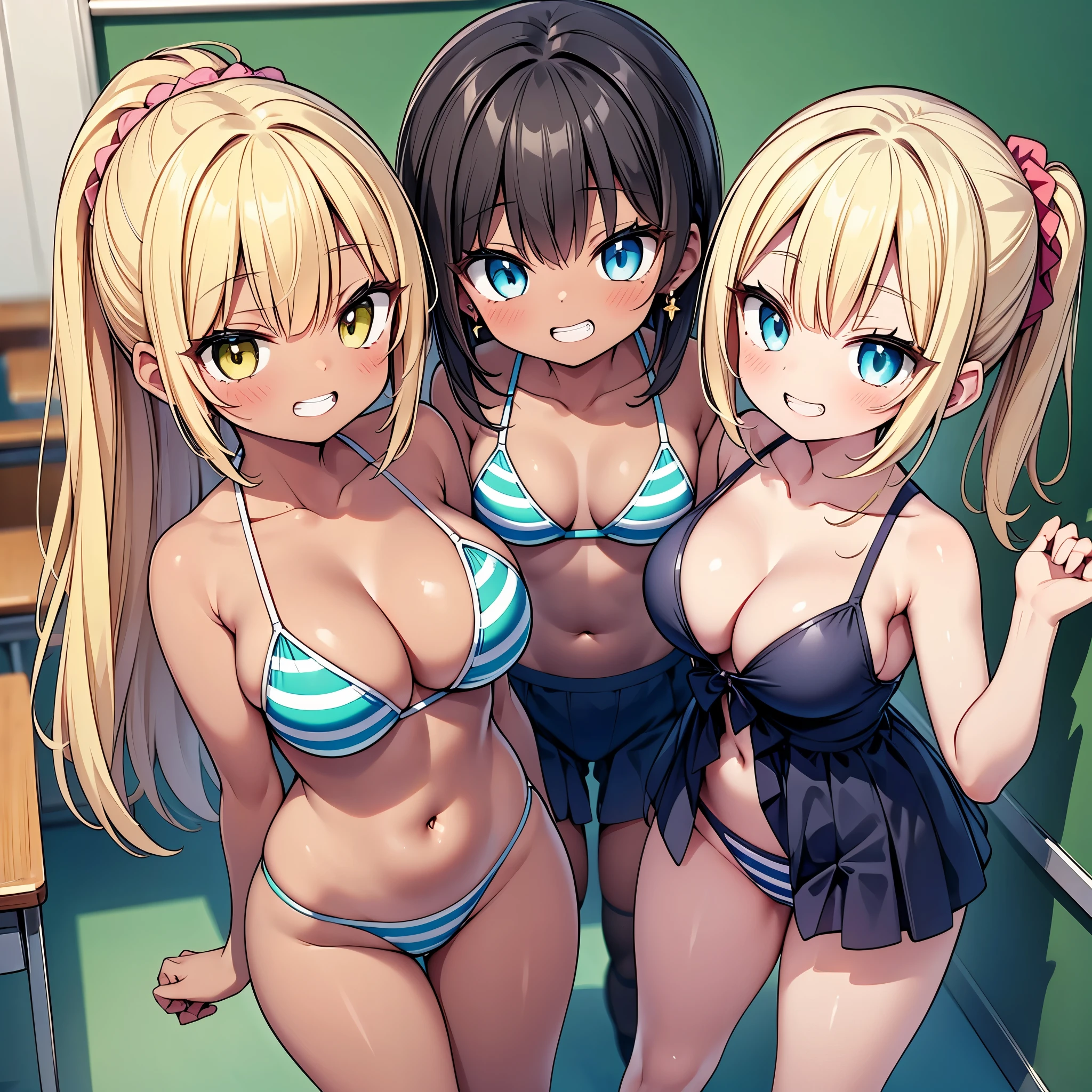 (masterpiece), maximum quality, (Colorful:1.1), (5 girls, group shot:1.4), (slim body:1.1), (huge tits:1.5), (dark skin:1.1), (muscles:1.1), blonde  hair, Silver hair, Twin tails, (leaning forward:1.4), (Open your mouth, happy smile:1.1), (winc:1.4),peace sign, (stars and stripes bikini, microbikini:1.1), cowboy Shot, (Classroom:1.1), blackboards