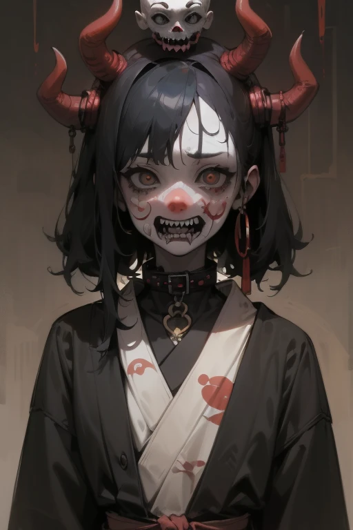 (masterpiece: 1.2, highest quality),((Sunburned skin))、 nightmare, Doll-like face, Horror elements 、Unique atmosphere、Colorful devil clown, Japanese painting, Creepy Appearance, Characteristic hairstyle,(Colorful hair colors)、Collar with chain、National costume