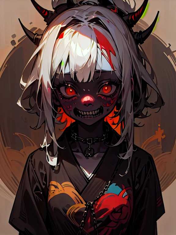 (masterpiece: 1.2, highest quality),((Sunburned skin))、 nightmare, Doll-like face, Horror elements 、Unique atmosphere、Colorful devil clown, Japanese painting, Creepy Appearance, Characteristic hairstyle,（Colorful hair colors）、Collar with chain、National costume
