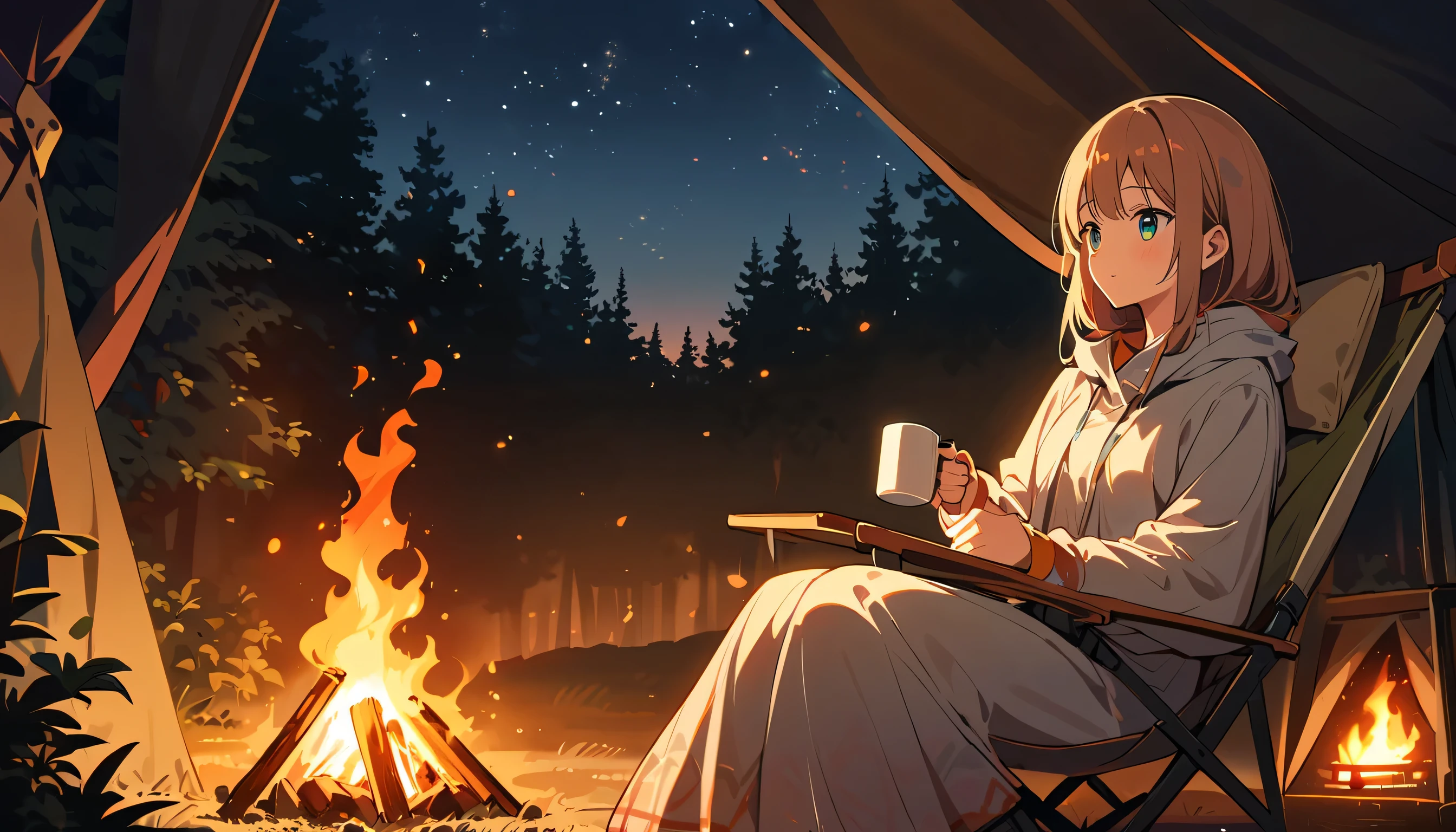 Outdoor,night,Girl sitting by a campfire,Beautiful eyes and face,tent,Pleasant atmosphere,Warm Light,A night sky full of stars,Crackling Fire,The background is a forest,Natural scenery,peaceful,Smoke rising from the fire,relax,comfortable camping chair,Hand holding a mug of hot coffee,A soft blanket on your lap,The delicate details of a girl'Clothes,Subtle warm colors,surrounded by nature,peaceful,Overnight camping,An unforgettable experience