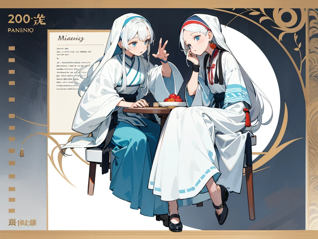 （masterpiece，Best quality）detailed，Personnel table，Role List，Many items（+Hmong silver jewelry，Miao clothing，cloth shoes，Wearing a headscarf，Many parts），+A young girl in her 20s，White hair，is a perfect face，author：bange full of details，