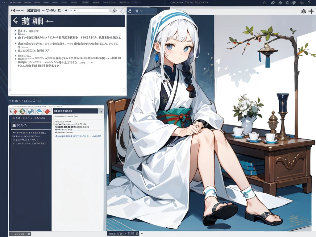 (masterpiece,Best quality)detailed,Personnel table,Role List,Many items(+Hmong silver jewelry,Miao clothing,cloth shoes,Wearing a headscarf,Many parts),+A young girl in her 20s,White hair,is a perfect face,author:bange full of details,