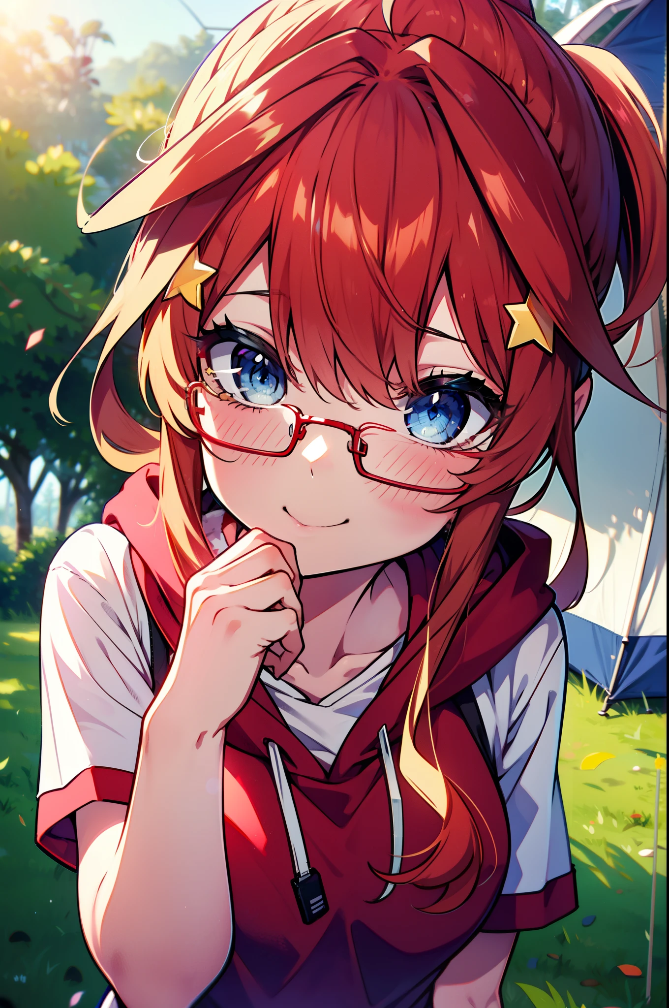 itsukinakano, Itsuki Nakano, bangs, blue eyes, Hair between the eyes, Ahoge, Redhead, star \(symbol\), hair ornaments, star hair ornaments,Akagi glasses, tooth, smile, Open your mouth,ponytail,Red hoodie,Short sleeve,Baseball cap,Food Up,Red Tank Top Shirt,Short denim,Red Knee High Socks,High Top Sneakers,Daytime,sunny,真夏日
break looking at viewer, Upper Body, whole body,(Cowboy Shot:1. 5)
break outdoors, forest, nature,camp site,tent,
break (masterpiece:1.2), highest quality, High resolution, unity 8k wallpaper, (shape:0.8), (Beautiful details:1.6), Highly detailed face, Perfect lighting, Extremely detailed CG, (Perfect hands, Perfect Anatomy),