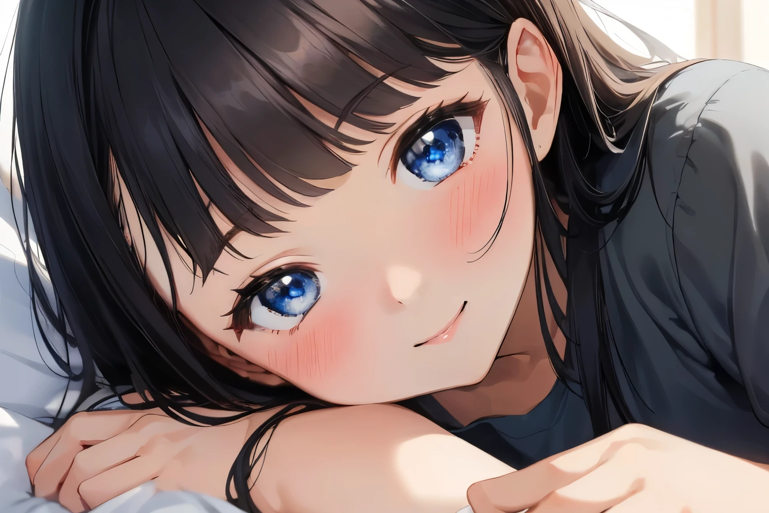 Masterpiece、highest quality、1 female、Super detailed　Black Hair、bangs　Blue Eyes、Detailed depiction of the eyes　Smiling、blush　camisole　Face is close、Facial Close-up、Bring your face closer　Sheetsに横になる、Spread your shoulders、Put your hand here、Spread your arms　Sheets