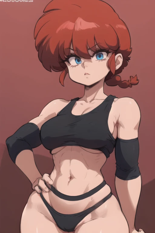 Ranmachan, cabello rojo, Cabello con trenza, ojos azules, ojos detallados, cuerpo completo, CuteSexyRobutts, blusa negra apretada, crop-top negro, ombligo descubierto, ropa pegada al cuerpo, tanga sexy