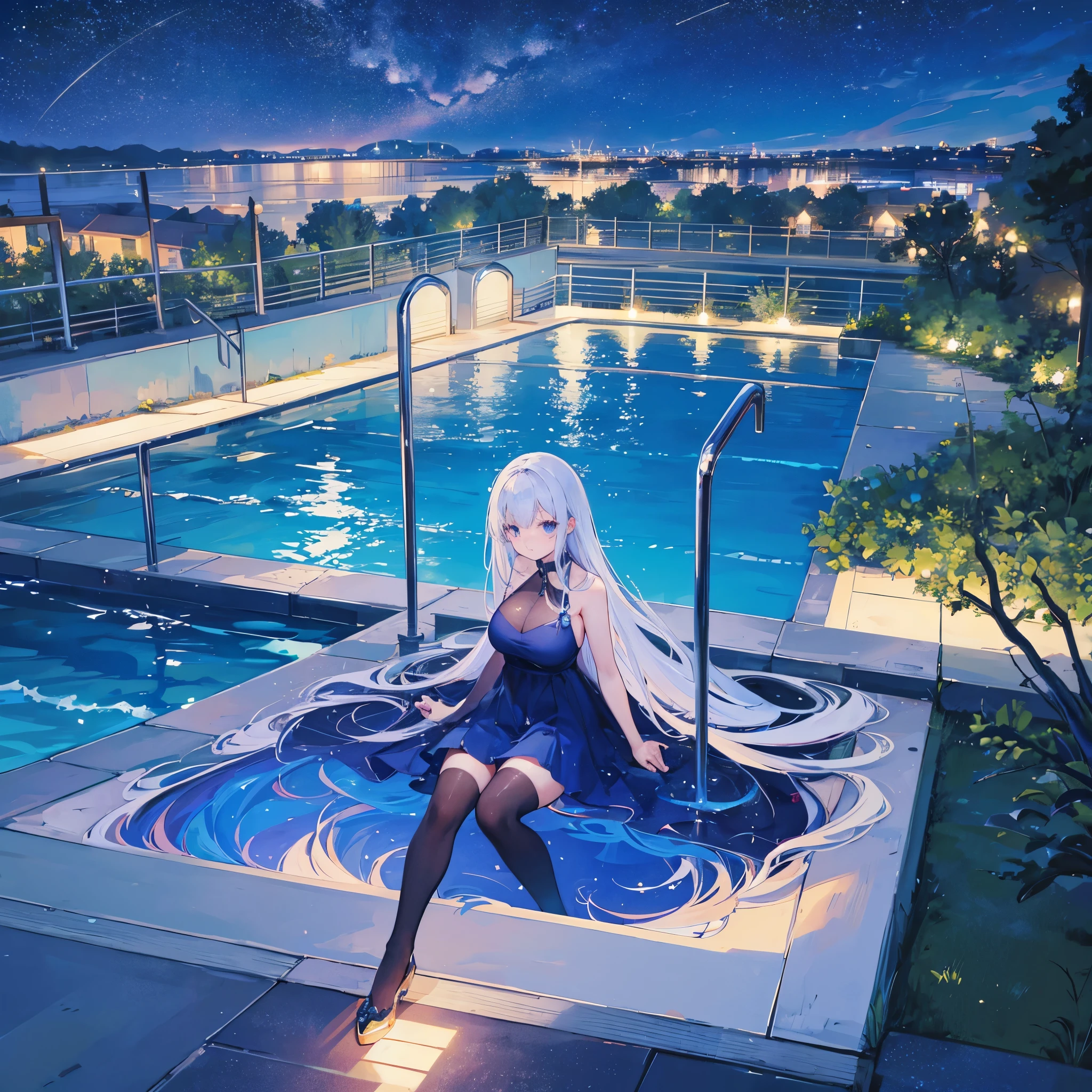 Super huge reservoir,Right above the reservoir,Starry sky reflection,Night,Deep body of water,Super huge swimming pool