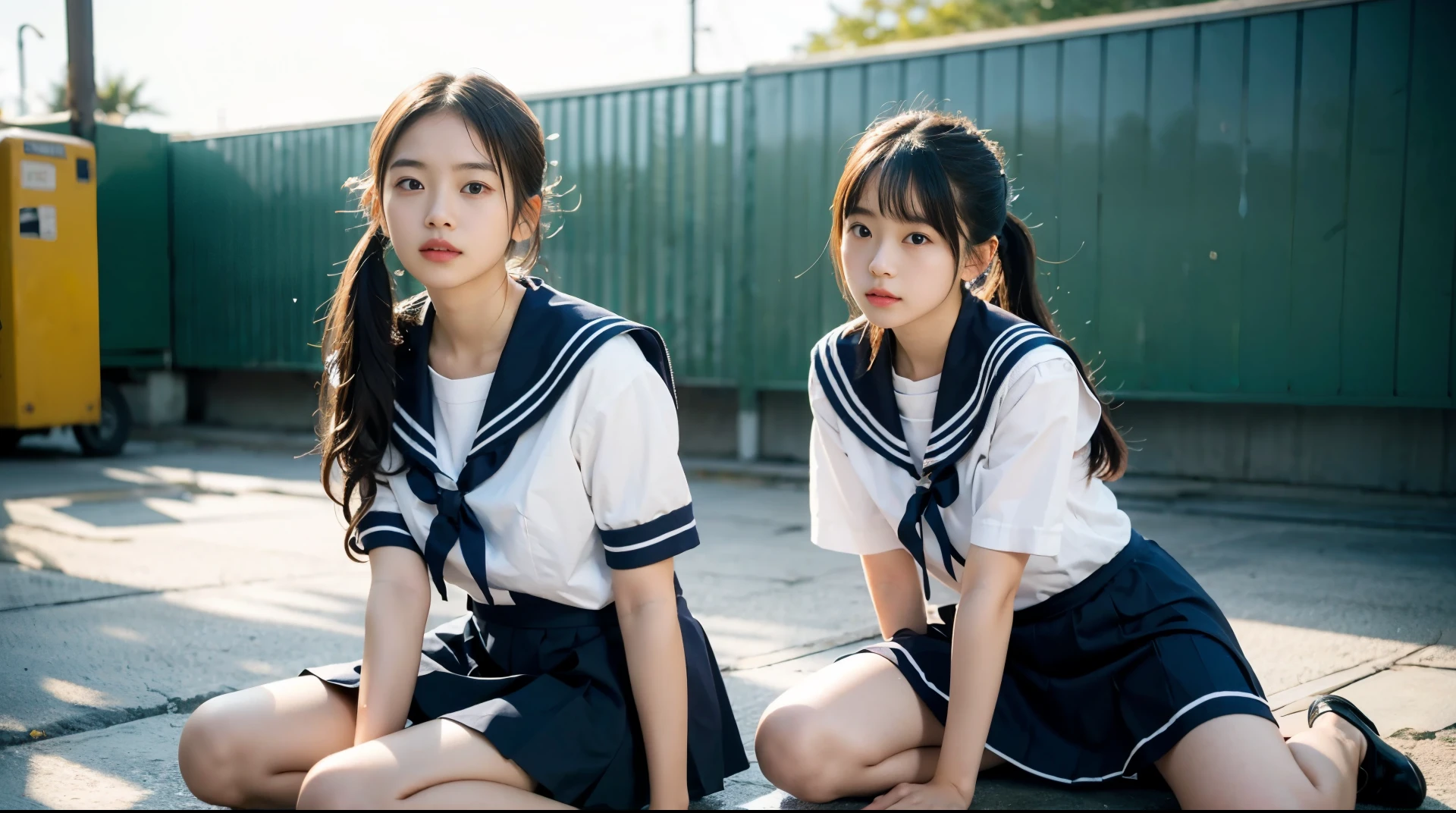 (highest quality、4k、8K、High resolution、masterpiece: 1.2)、Super detailed、(genuine、photogenuineistic、photogenuineistic: 1.37)、beautiful japanese girl、1 person、alone、(((15 years old)))、(From the bottom front:1.4)、(short sleeve sailor suit) 、((panties))、((Squat on the floor with your legs wide apart:1.4))、(Grab the hem of your skirt with your right hand and lift it up to expose your panties)、crack in the groin、twin tails、inside the classroom、tanakahitomi