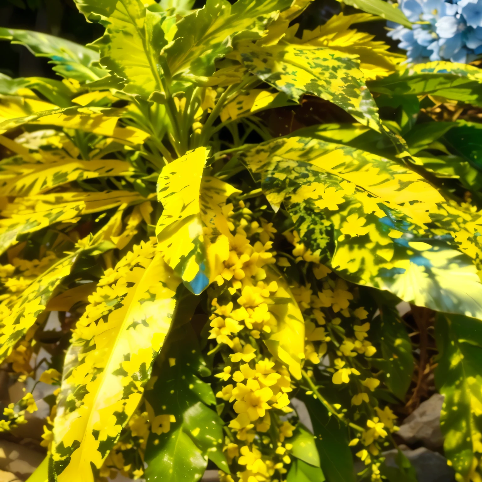 a close up of a plant with yellow and blue flowers, yellow and greens, yellow colours, shades of yellow, with a bright yellow aureola, yellow flowers, yellow and green, with yellow flowers around it, vibrant foliage, green and yellow colors, yellow colors, some yellow green and blue, some yellow and blue, shades of gold display naturally, vivid vegetation