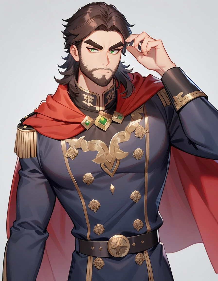1man, derpixon, fandeltales, parted bangs, short gray hair, silver colored tips two-tone hair, multicolored dark brown hair, solo, thick eyebrow, masculine handsome prince, beard, green eyes, black pupils, lens eye, red cape, dark-blue military uniform, standing, in cartoon style, masterpiece, best quality