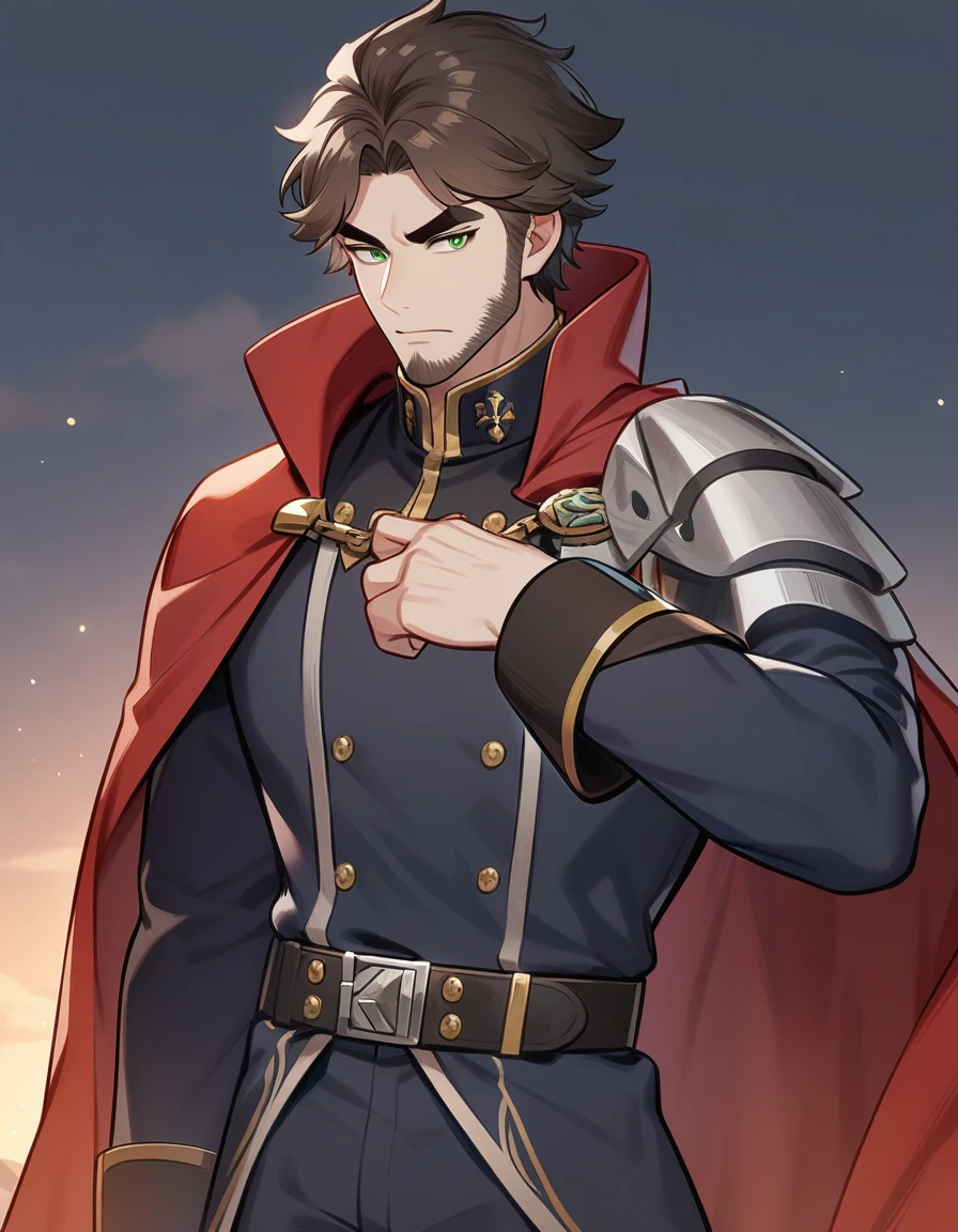 1man, derpixon, fandeltales, parted bangs, short gray hair, silver colored tips two-tone hair, multicolored dark brown hair, solo, thick eyebrow, masculine handsome prince, beard, green eyes, black pupils, lens eye, red cape, dark-blue military uniform, standing, in cartoon style, masterpiece, best quality