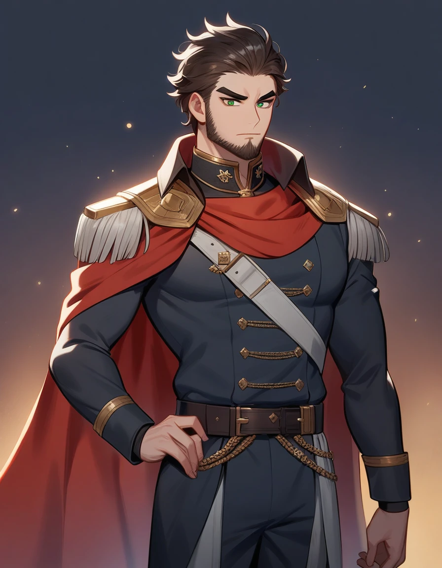 1man, derpixon, fandeltales, parted bangs, short gray hair, silver colored tips two-tone hair, multicolored dark brown hair, solo, thick eyebrow, masculine handsome prince, beard, green eyes, black pupils, lens eye, red cape, dark-blue military uniform, standing, in cartoon style, masterpiece, best quality