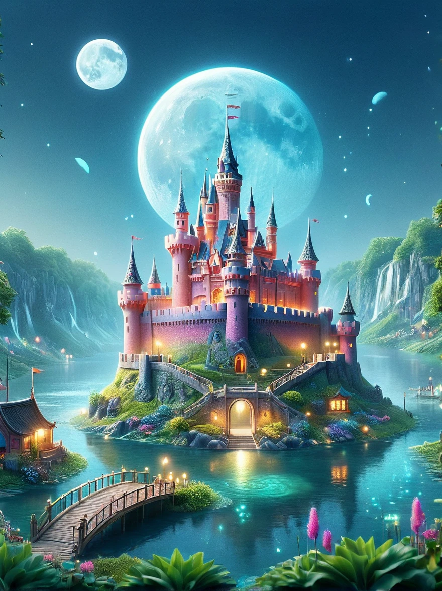 (A mysterious dream castle:1.5), night，(moon:1.5)，(Bubbles)，(fireworks:1.5)，Dreams，(Psychedelic)，(Neon light)，In dreams，A hidden lake，Bright colors，A Glowing Feast，Add a unique character emitting the ethereal aura of a fantasy creature by the water。Wide angle lens，Make it panoramic，Showcasing stunning castle woodland scenery，This magical scene is full of the essence of the fantasy world。