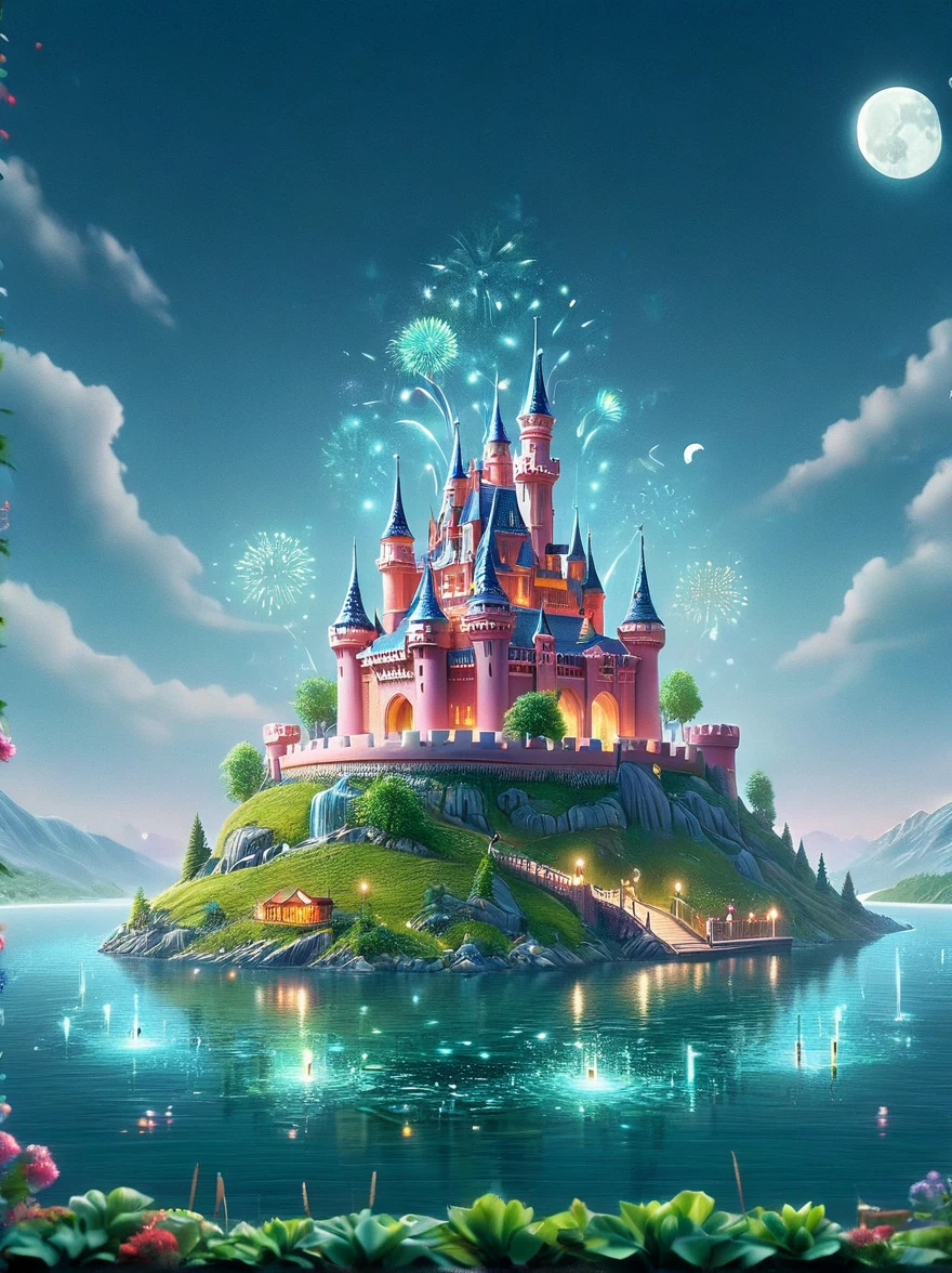 (A mysterious dream castle:1.5), night，(moon:1.5)，(Bubbles)，(fireworks:1.5)，Dreams，(Psychedelic)，(Neon light)，In dreams，A hidden lake，Bright colors，A Glowing Feast，Add a unique character emitting the ethereal aura of a fantasy creature by the water。Wide angle lens，Make it panoramic，Showcasing stunning castle woodland scenery，This magical scene is full of the essence of the fantasy world。