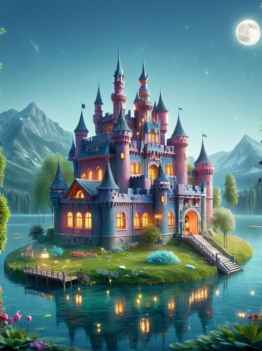 (A mysterious dream castle:1.5), night，(moon:1.5)，(Bubbles)，(fireworks:1.5)，Dreams，(Psychedelic)，(Neon light)，In dreams，A hidden lake，Bright colors，A Glowing Feast，Add a unique character emitting the ethereal aura of a fantasy creature by the water。Wide angle lens，Make it panoramic，Showcasing stunning castle woodland scenery，This magical scene is full of the essence of the fantasy world。