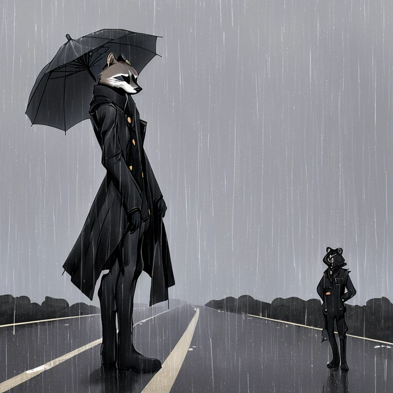 furry,in the style of furry art, young man,tall and thin,raccoon,dust coat,boots,standing on the road,side view,rainstorm,levin,umbrella,grey sky,depression