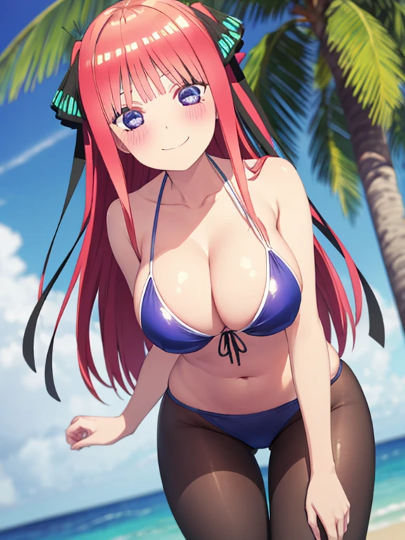 best quality, ultra-detailed masterpiece, nino nakano, large breasts, blush, smile, bikini swimsuit, pantyhose,low angle shot