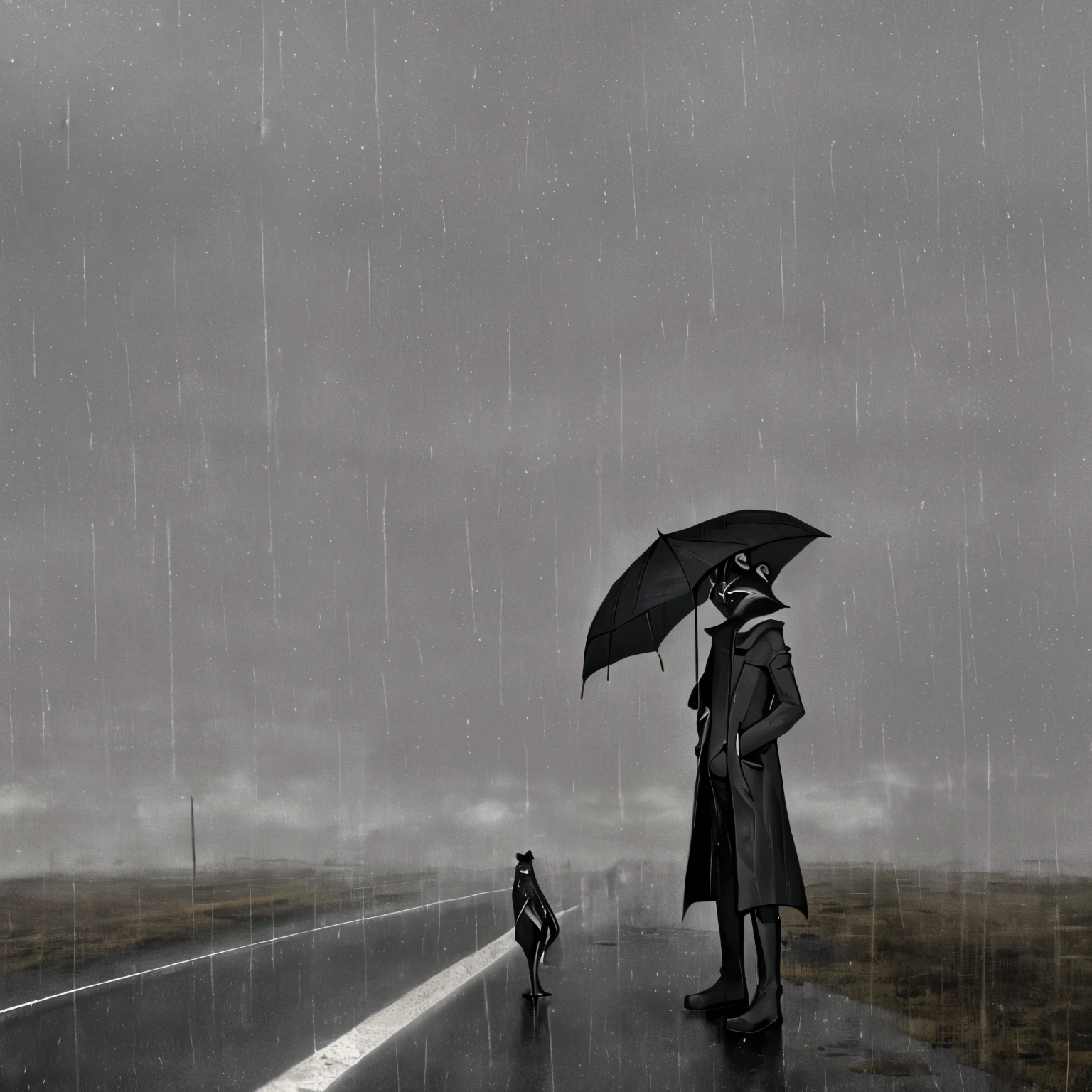 furry,in the style of furry art, young man,tall and thin,raccoon,dust coat,boots,standing on the road,side view,rainstorm,levin,umbrella,grey sky,depression