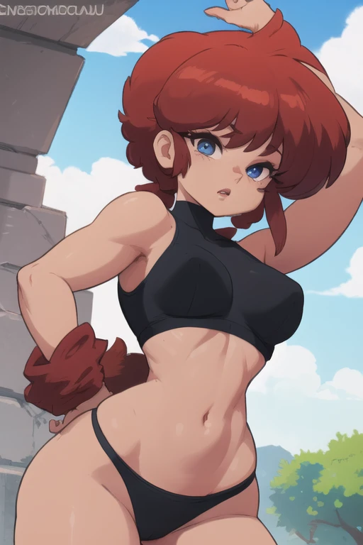 Ranmachan, cabello rojo, Cabello con trenza, ojos azules, ojos detallados, cuerpo completo, CuteSexyRobutts, blusa negra apretada, crop-top negro, ombligo descubierto, ropa pegada al cuerpo, tanga sexy