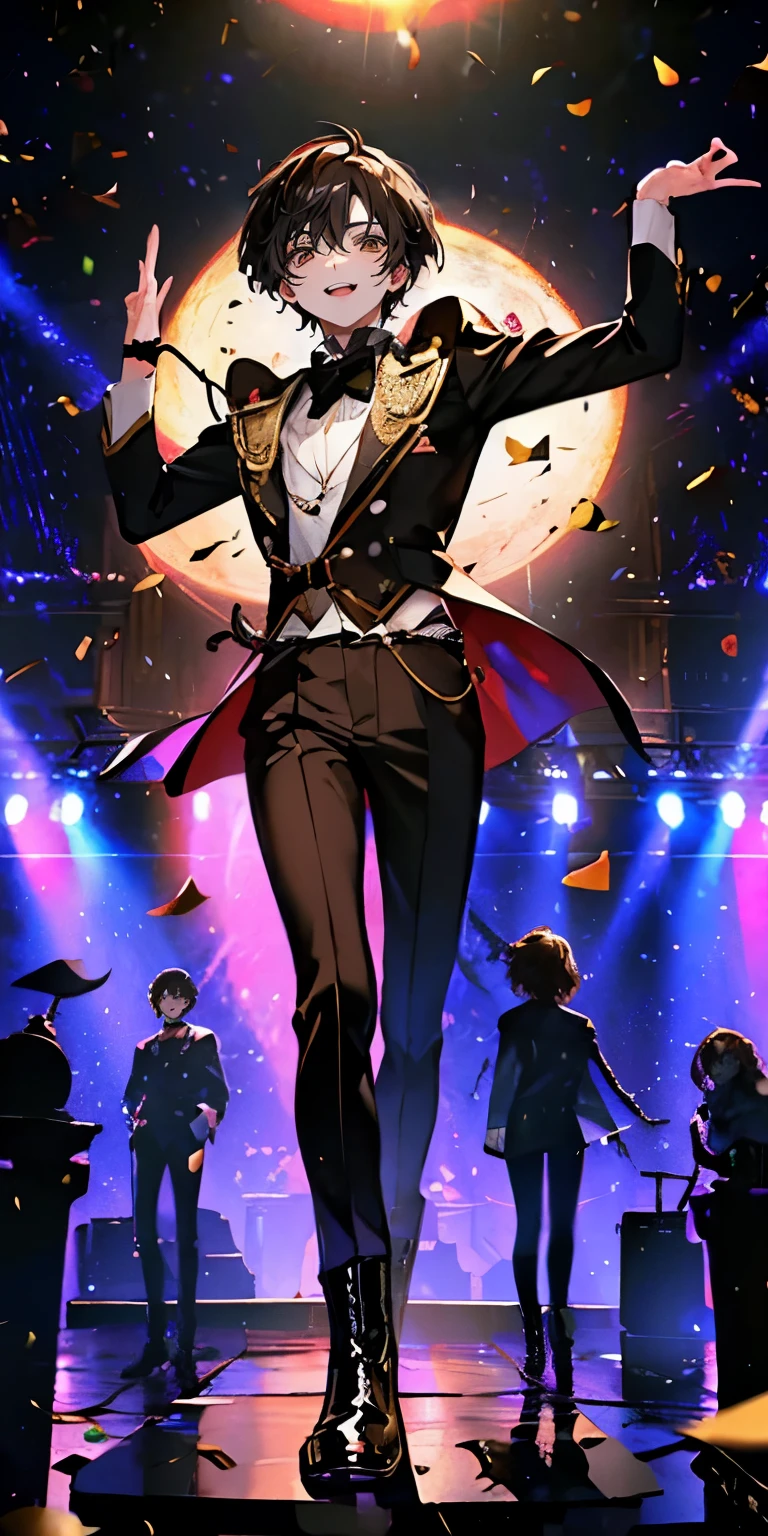 (Mastepiece), (Best Quality), Very detailed, ((1 boy)), Perfect Face, Beautiful Face, Very detailedな顔,((Brown Hair_short hair_Brown eyes:1.3)),Full body photography、Male solo idol、Gorgeous idol costumes、Cape、boots、(pants:1.2)、(Hold the microphone)、stage、Concert Dome、Lots of confetti、(smile:1.4)、(Open your mouth wide)、sing、dance、Wink、Laser light、Spotlight