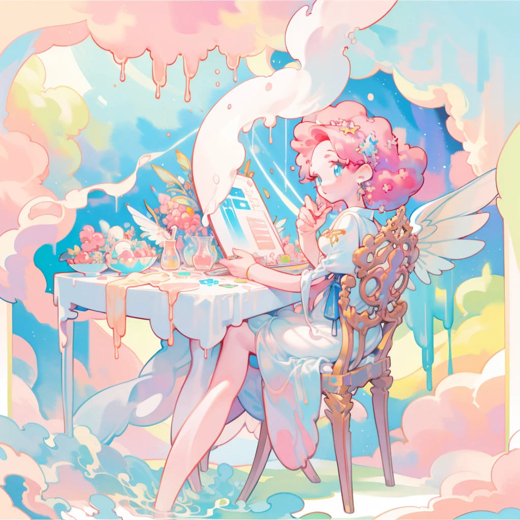masterpiece, best quality, Clear focus, 8k, Complex environment, Japanese cartoons, watercolor illustration, rich and colorful, Vibrant colors, Fantastic, Glowing lights, Liquid Otherworldly, fairy lights, Beautiful girl in flowing liquid glowing dress, Perfect face, Golden Ratio, Bright Eyes, watercolor, Liquid Light, Angel Wings