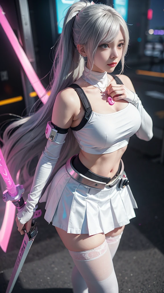 arafed woman in a white top and silver skirt holding a pink and white sword, anime girl cosplay, oppai cyberpunk, anime cosplay, belle delphine, perfect android girl, cosplay, trending at cgstation, as overwatch character, waifu, female cyberpunk anime girl, cyberpunk anime girl, sakura kinomoto, e-girl, e - girl