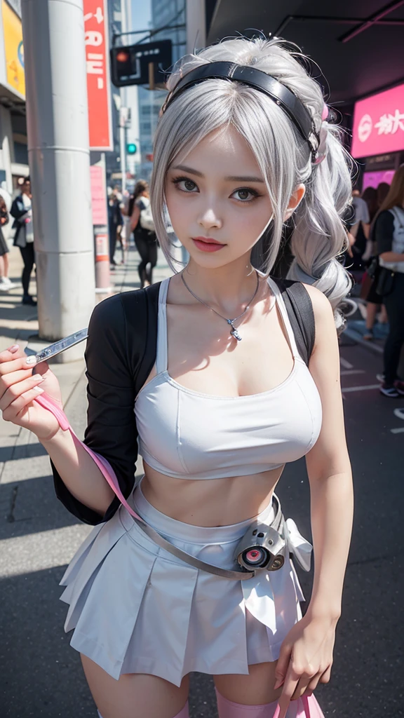 22 year old white female、Hair color is a gradation of brown and purple、Indigo also eyes、long hair、straight hair、setting hair、accessories on wrist、I'm wearing a choker、skin is smooth、smile、Slender but muscular body、My heart is pounding、My abs are cracked、I can see my bellybutton、high resolution、Wearing a sleeveless high-neck zipper-up top、I'm wearing shorts、Low rise so you can see the strings of the shorts、I'm in the middle of Shibuya's scramble crossing