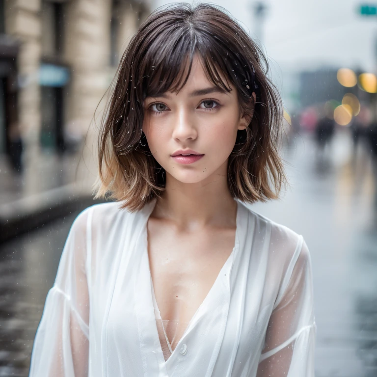 ((highest quality, 8k, masterpiece:1.3)), concentrated: 1.2, Perfect body beauty: 1.4, Hips: 1.2, ((Layered Haircut, chest: 1.2)), (Wet clothes: 1.1) , (rain, street:1.3), Bandeau dress: 1.1, Highly detailed face and skin texture, Delicate eyes, double eyelid, White skin, Long Hair