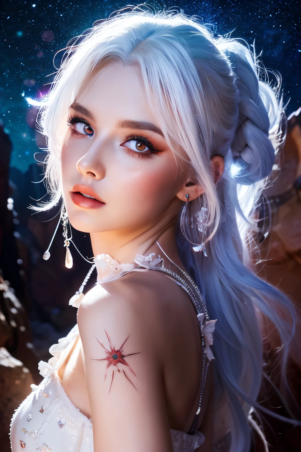 8k, highest quality, masterpiece:1.2),(highest quality:1.0),Beautiful Ukrainian woman、Milky Way、Supernova explosion、White Hair、Red eyes、tattoo、Standing soaked in a canyon in heavy rain