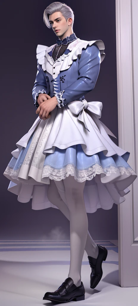 Beauty all over the body，Blue and white Lolita cos evening dress，Harnes，Lace，Stand head-on，leather shoes，greybackground, men