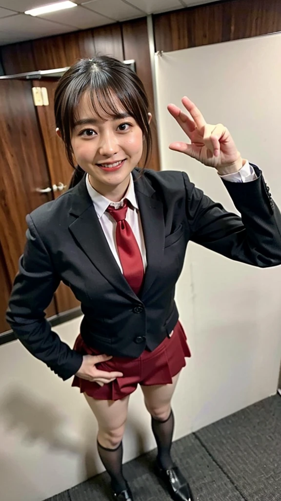 (8k、RAW Photos、highest quality、masterpiece:1.2)、(Realistic、Realistic)、1 girl、((large Black suit、red tie、、、uniform、、View from the front、Cute Costumes、Standing with hands on hipassage the breasts、Wide Stride、Leg spread、Bow-legged、sexy))