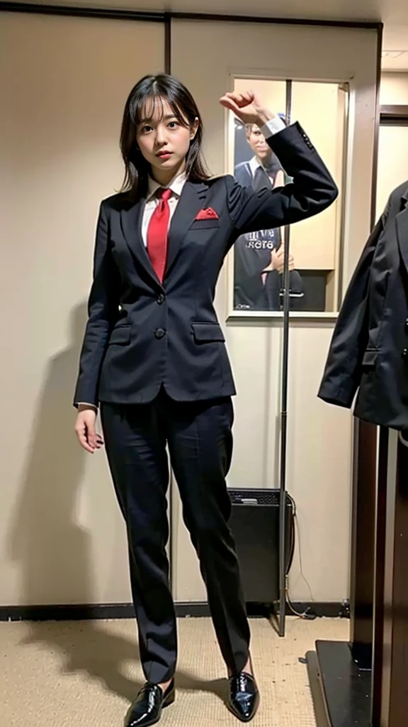 (8k、RAW Photos、highest quality、masterpiece:1.2)、(Realistic、Realistic)、1 girl、((large Black suit、red tie、、、uniform、、View from the front、Cute Costumes、Standing with hands on hipassage the breasts、Wide Stride、Leg spread、Bow-legged、sexy))