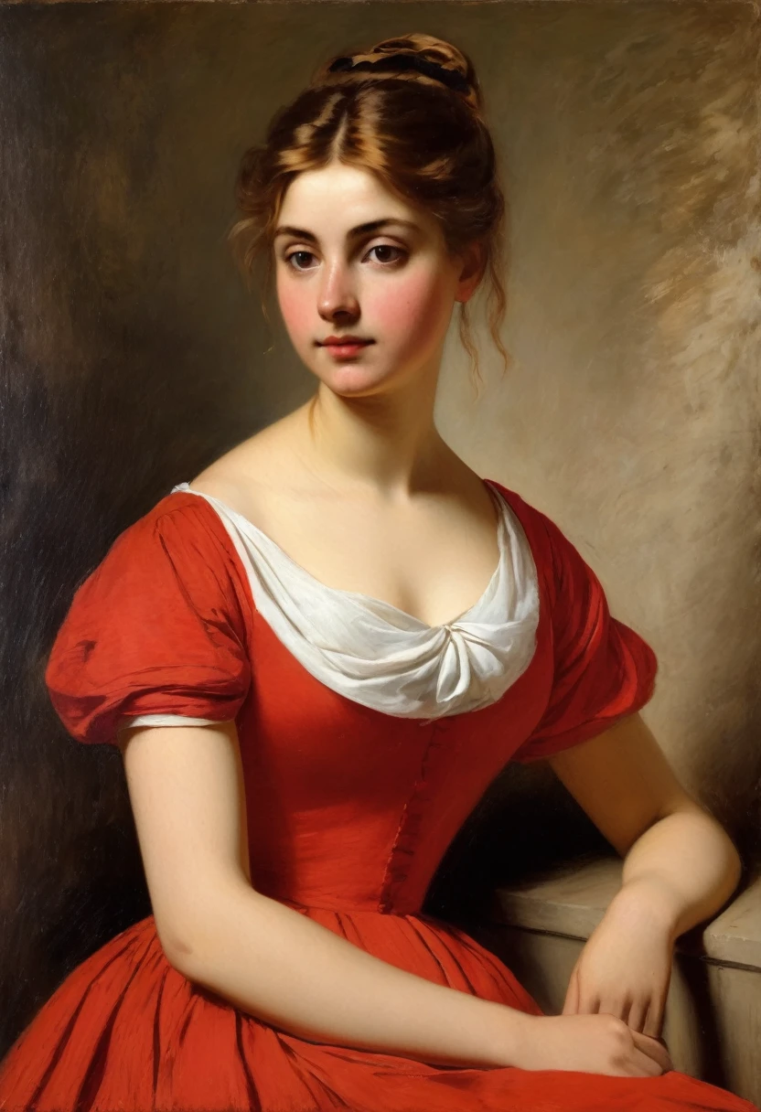 a painting of a woman in a red dress, inspired by Ditlev Blunck, trending on artforum, soft light, young woman in her 20s, classic hairstyle, by Constance Gordon-Cumming, inspired by Henry Macbeth-Raeburn, highly detailed and hypnotic, edward okun