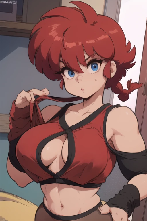Ranmachan, cabello rojo, Cabello con trenza, ojos azules, ojos detallados, cuerpo completo, CuteSexyRobutts, blusa negra apretada, crop-top negro, ombligo descubierto, ropa pegada al cuerpo, tanga sexy