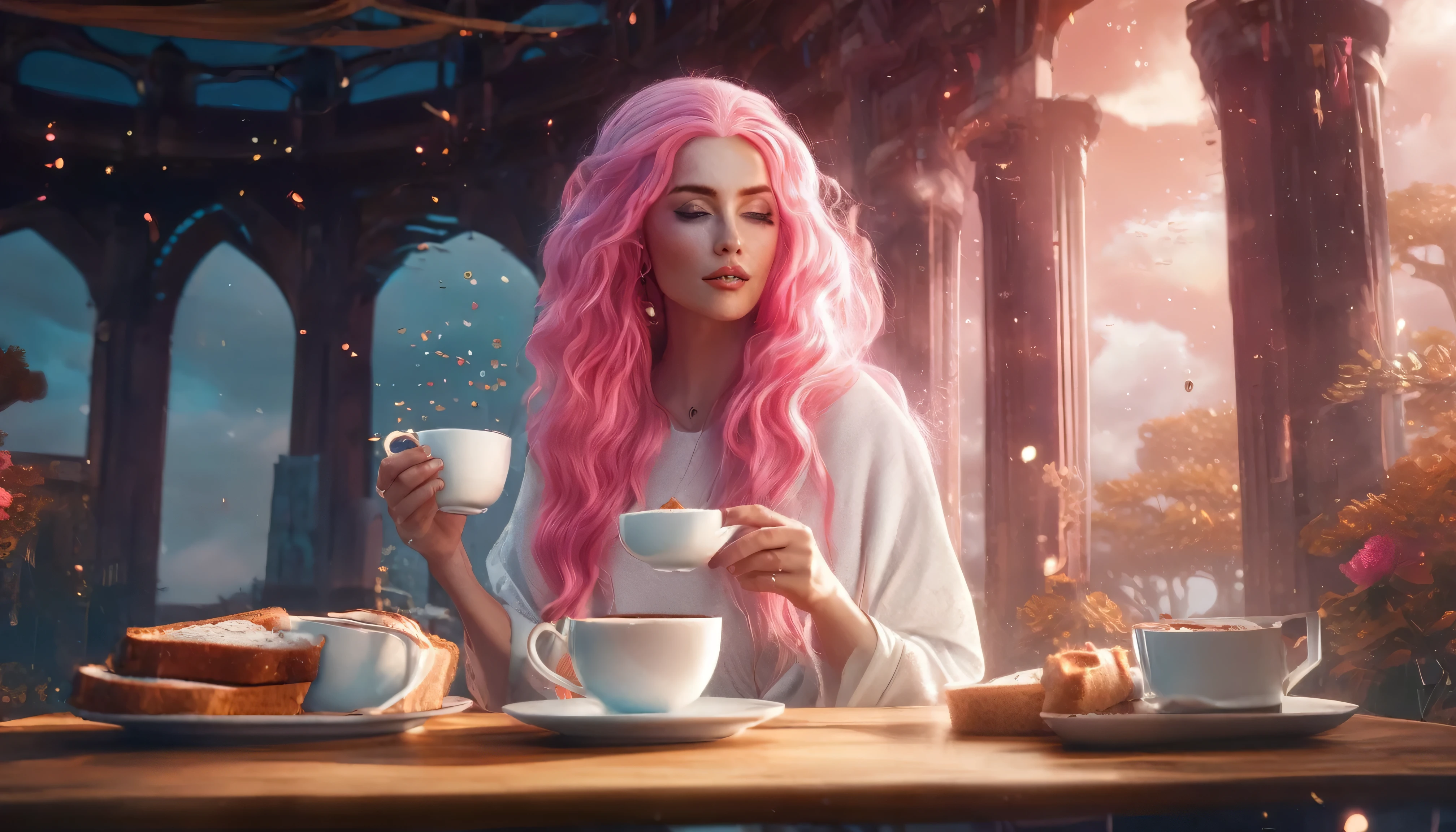 A woman in white with long pink hair eating toast with a cup of coffee, Digital art inspired by Cyril Rolland, Trending on Artstation, Fantasy art, Beeple and Jeremiah Kettner, Just a joke, Amazing artwork in 8K, Beautiful Art UHD 4K, Beautiful digital art, A woman with a feminine vibe, Astral, Fantasy art behance