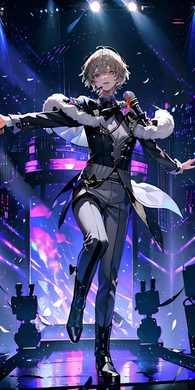(Mastepiece), (Best Quality), Very detailed, ((1 boy)), Perfect Face, Beautiful Face, Very detailedな顔,((Grey Hair_short hair_Grey Eyes:1.3)),Full body photography、Male solo idol、Gorgeous idol costumes、Cape、boots、(pants:1.2)、(Hold the microphone)、stage、Concert Dome、Lots of confetti、(smile:1.4)、(Open your mouth wide)、sing、dance、Wink、Laser light、Spotlight