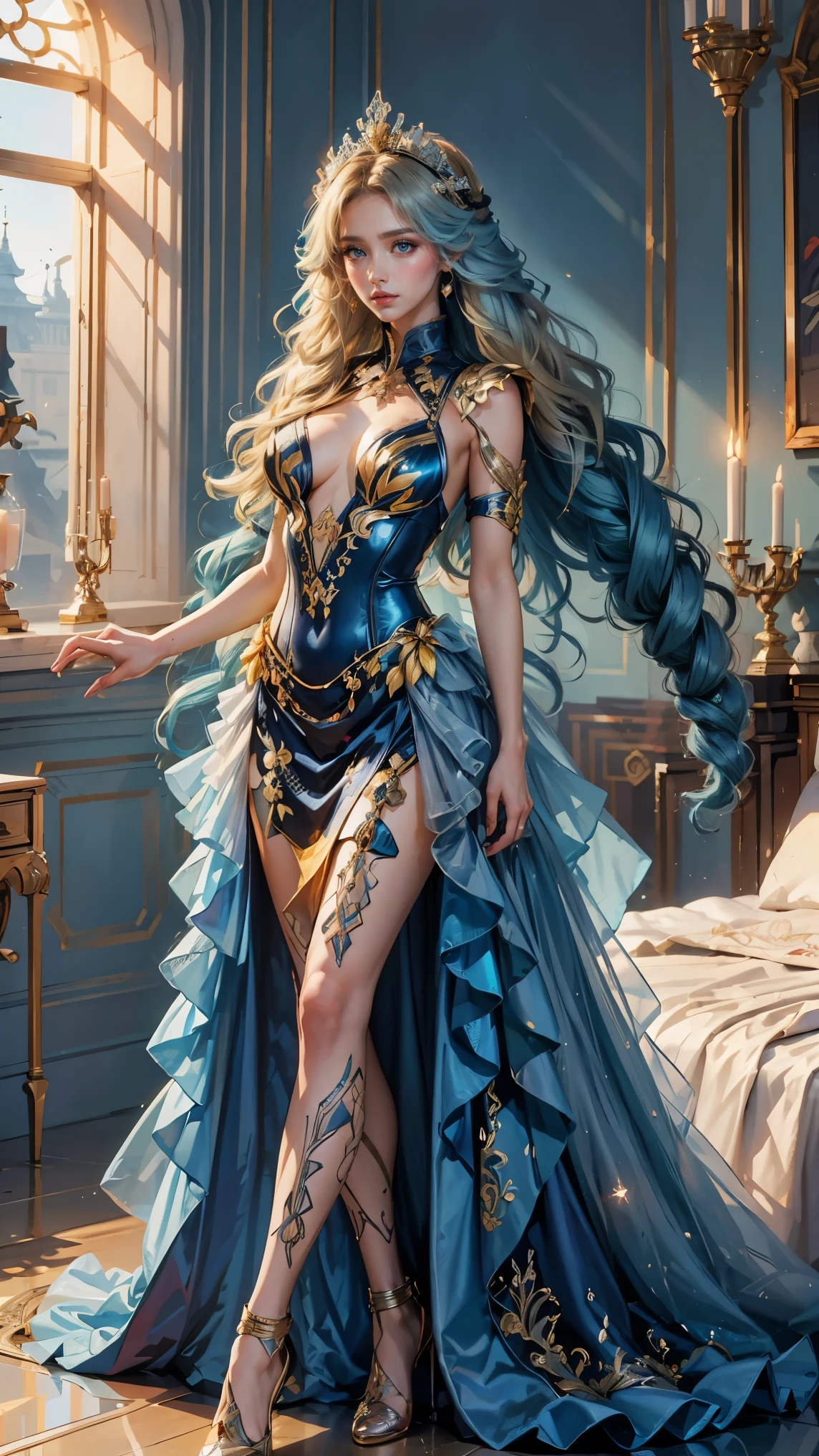Best quality, masterpiece, ultra high res, raw photo, beautiful and aesthetic,deep shadow, dark theme,(ultra detailed:1.3),
1girl, sexy pose, Headdress, hair ornament, full of curtain, drill hair, long hair, blonde hair, gradient hair, yellow eyes, solo, huge breasts, G-cup, big hair, blue hair, tiara, divine goddess, looking at viewer, royal palace, indoors, bedroom, astraea, full body, bioluminescent dress