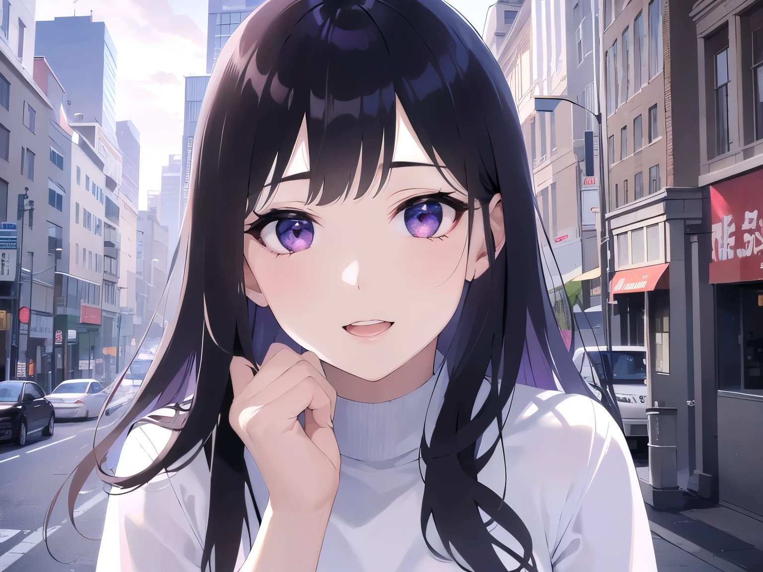 Placing hand on face、Biologically correct five fingers、head tilt、Real person, (Pale skin: 1.2), RAW Photos, Realistic, Shiny skin, Shiny Hair、(A 25-year-old woman with straight hair and bangs) and (medium hair) and (black hair) and (purple eyes) , in white turtleneck shirt, smile, open mouth, The background is the office、Are standing