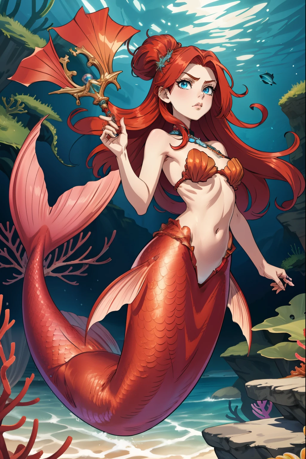 mermaid, (extremely detailed CG unity 4k wallpaper),(masterpiece),(best quality),(ultra-detailed),(best illustration),(best shadow),(absurdres),(Detailed background), Very long bright red hair (Hime), pale skin, Blue eyes, Seashell bikini top, Fantasy aesthetic, Under the sea background, Close up, Angry, Arrogant,