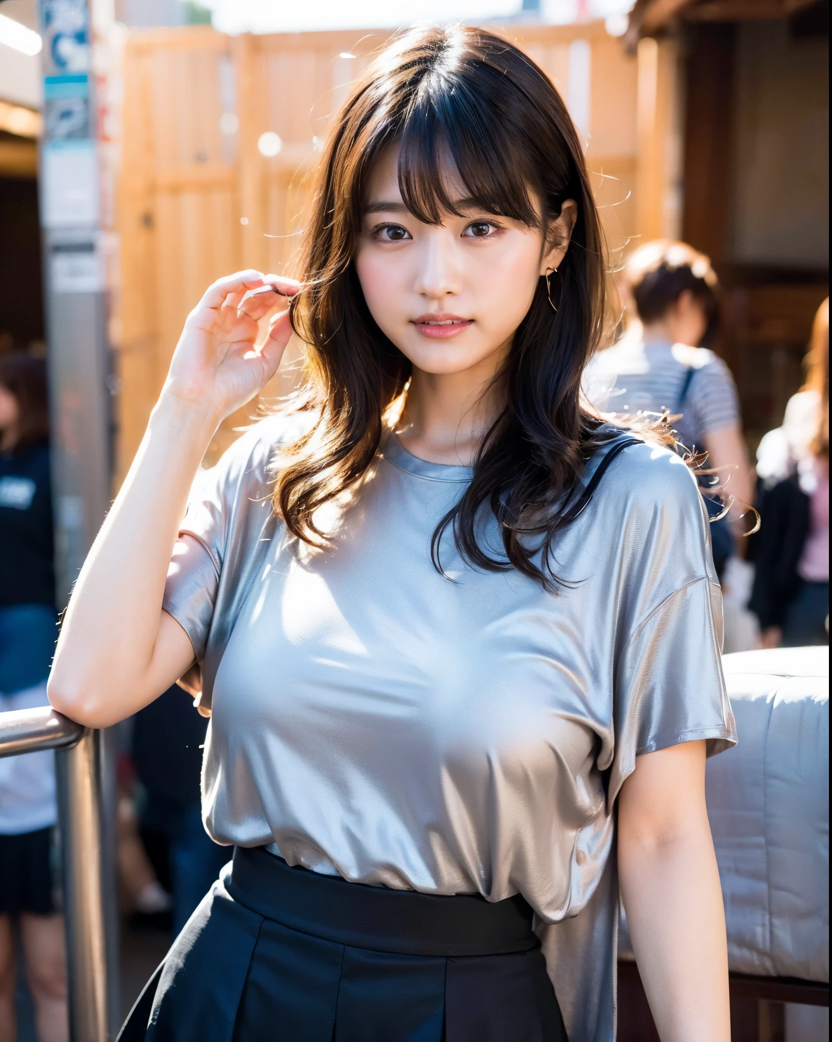 (8k, RAW Photos, highest quality, masterpiece:1.2), Super detailed, Super Resolution, (Realistic, Realistic Photo:1.37), The whole body from head to toe, High-resolution RAW color photos, Professional photos, Very detailed, 8k wallpaper, Amazing detail, Very detailed美少女, Very detailed顔, Very detailed目, Very detailed肌, Very detailed指, Very detailed鼻, Very detailed詳細な口 , Perfect Anatomy, Very detailed背景, Very detailed衣服, 1 girl, (18:1.2), Age 25, Realistic body, Fair skin, Glowing Skin , Black Hair , Curly Hair, (bangs:1.2), smile, Cute face, Realistic face, Delicate eyes, Droopy eyes, Gunmetal Grey T-Shirt, Short skirt, Earrings, Looking at the audience, Cowboy Shot, Dynamic Lighting, Very large breasts,